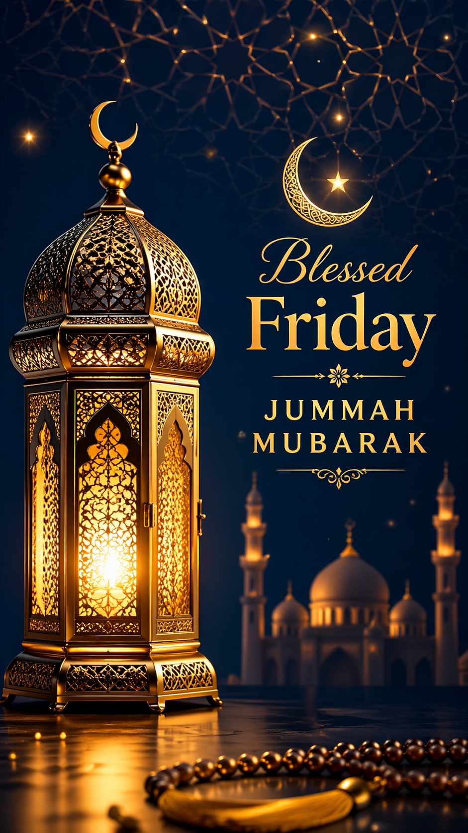 Golden Islamic lantern glowing against dark blue background with star pattern, Blessed Friday Jummah Mubarak